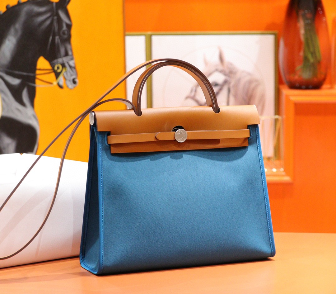 Hermès（爱马仕）Herbag 伊兹密尔蓝 原版帆布拼原厂皮 最高版本级 别银扣 31cm