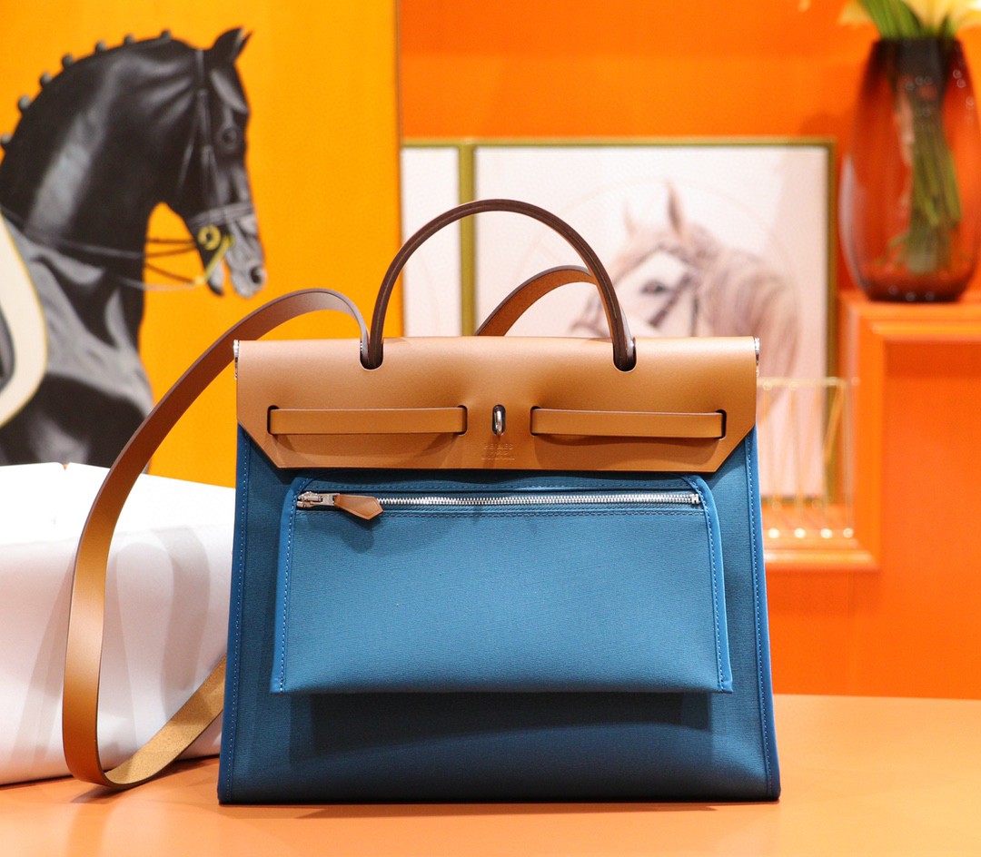 Hermès（爱马仕）Herbag 伊兹密尔蓝 原版帆布拼原厂皮 最高版本级 别银扣 31cm
