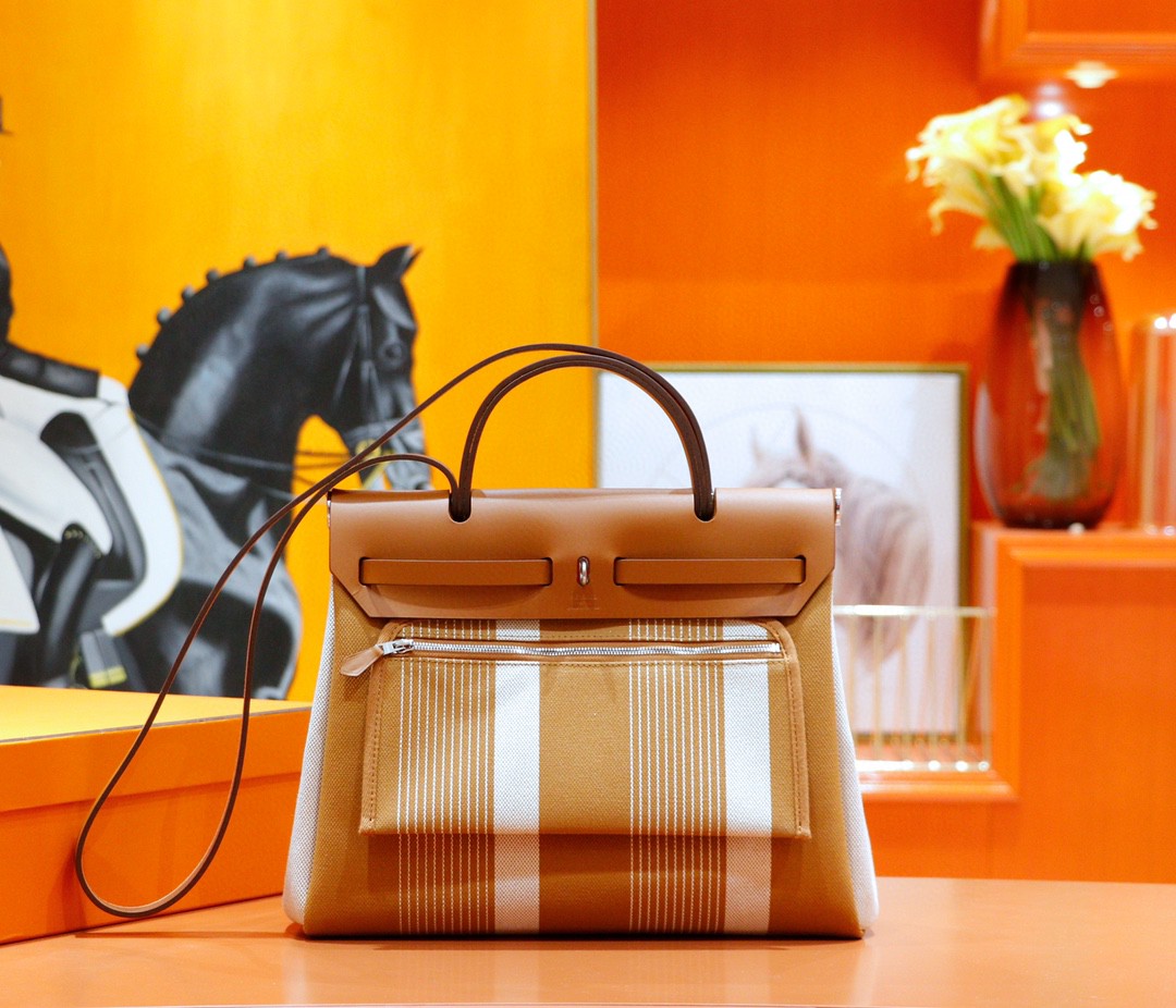 Hermès（爱马仕）Herbag 浅棕字母系列 原版帆布 拼 原厂皮 最高版本 银扣 31cm