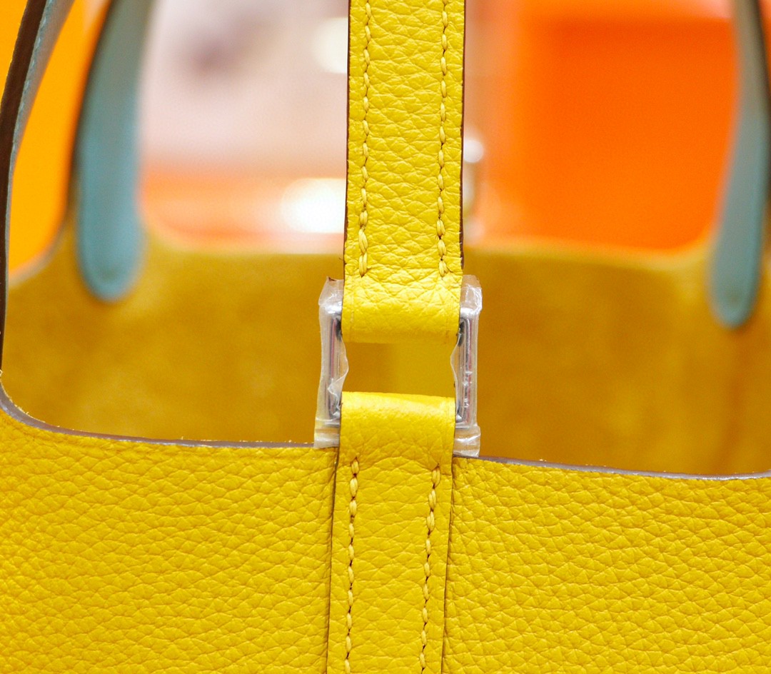 Hermès（爱马仕）Picotin 菜篮子 琥珀黄内拼北方蓝 Togo 拼 Swift小牛皮 银扣 18cm