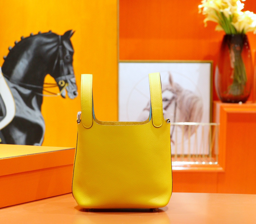 Hermès（爱马仕）Picotin 菜篮子 琥珀黄内拼北方蓝 Togo 拼 Swift小牛皮 银扣 18cm
