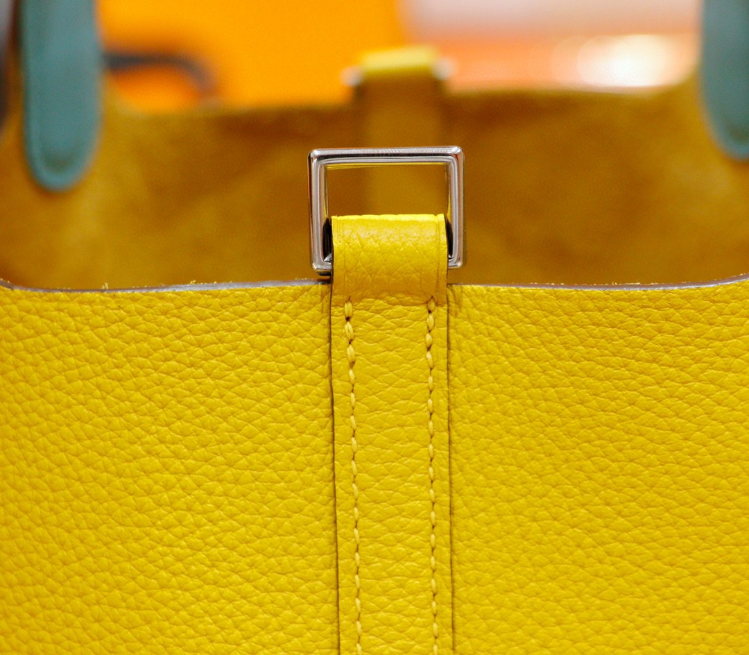 Hermès（爱马仕）Picotin 菜篮子 琥珀黄内拼北方蓝 Togo 拼 Swift小牛皮 银扣 18cm