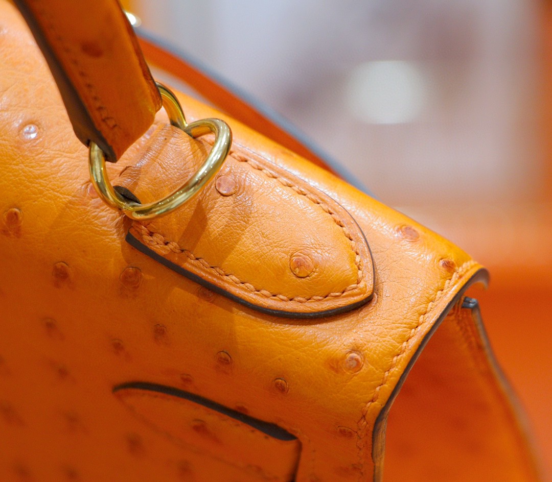 Hermès（爱马仕）Kelly 凯莉包 橙色 南非鸵鸟皮 全手缝 金扣 28cm