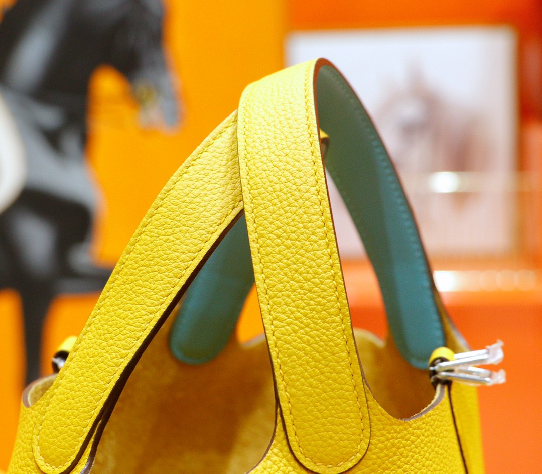 Hermès（爱马仕）Picotin 菜篮子 琥珀黄内拼北方蓝 Togo 拼 Swift小牛皮 银扣 18cm