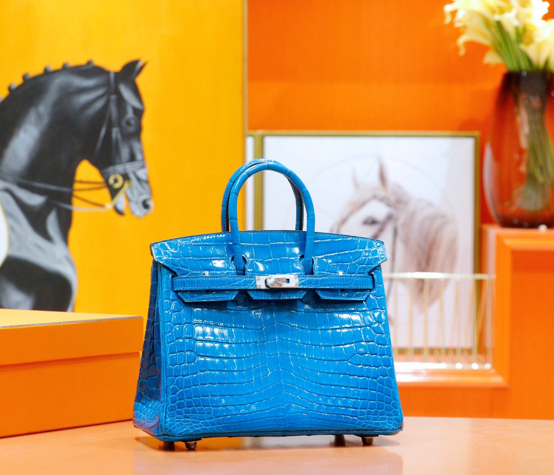 Hermès（爱马仕）Birkin 铂金包 亮面鳄鱼皮 伊兹密尔蓝 银扣 25cm