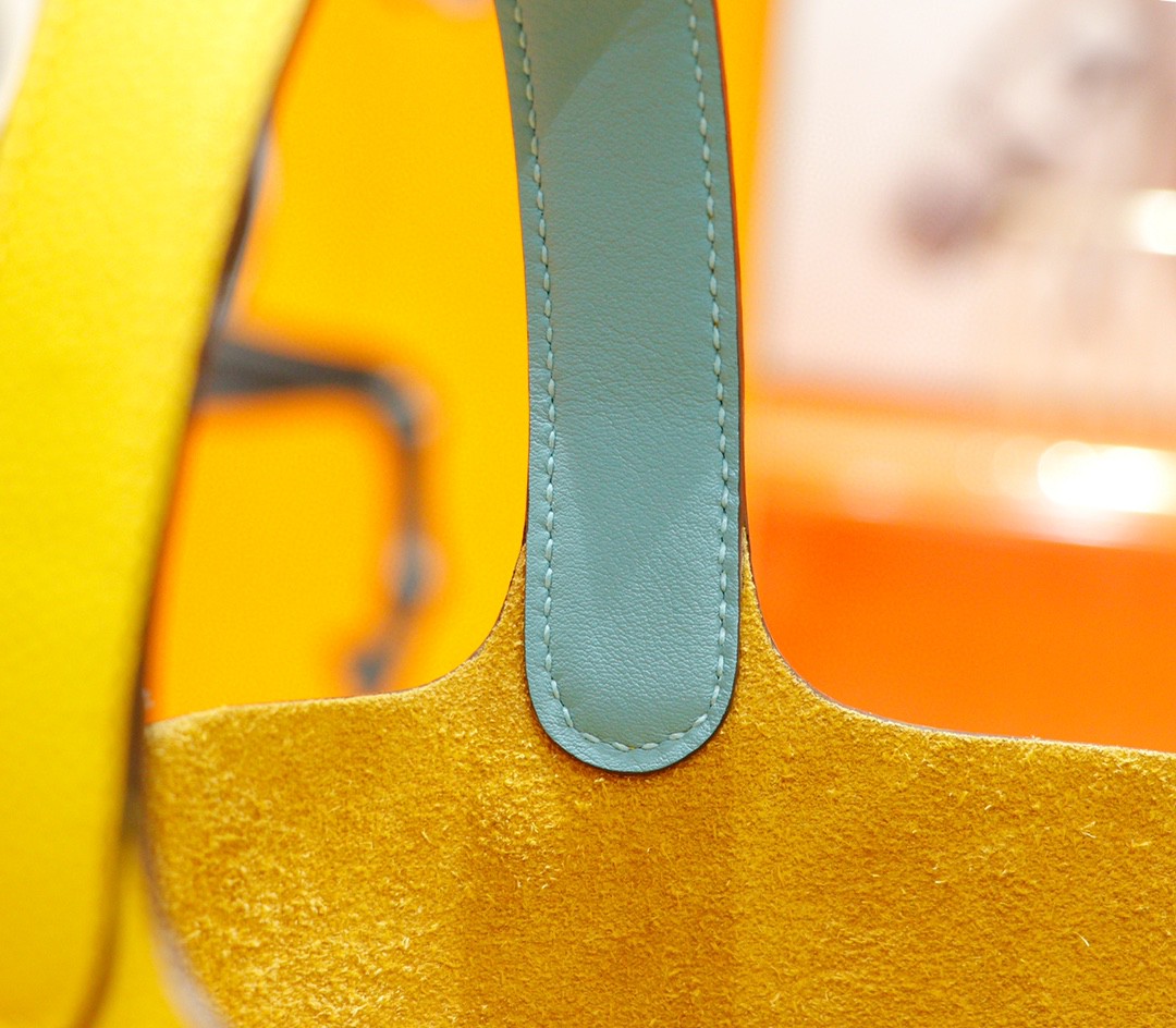Hermès（爱马仕）Picotin 菜篮子 琥珀黄内拼北方蓝 Togo 拼 Swift小牛皮 银扣 18cm