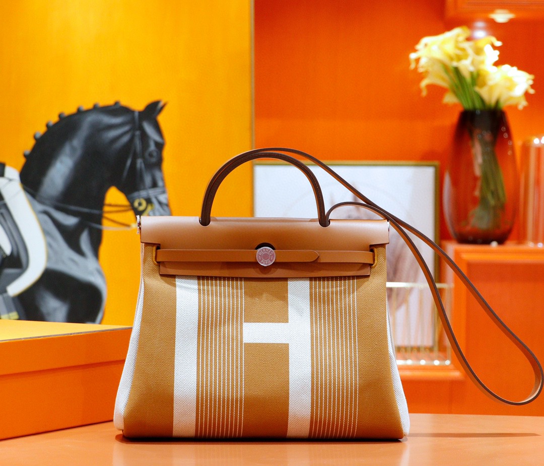 Hermès（爱马仕）Herbag 浅棕字母系列 原版帆布 拼 原厂皮 最高版本 银扣 31cm