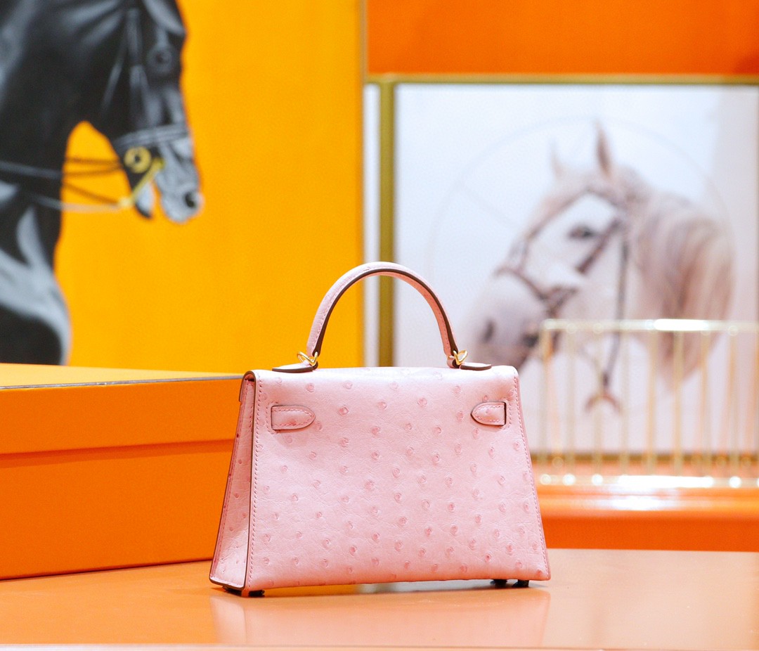 Hermès（爱马仕）Minikelly 2代 南非鸵鸟皮 陶瓷粉 全手缝 金扣