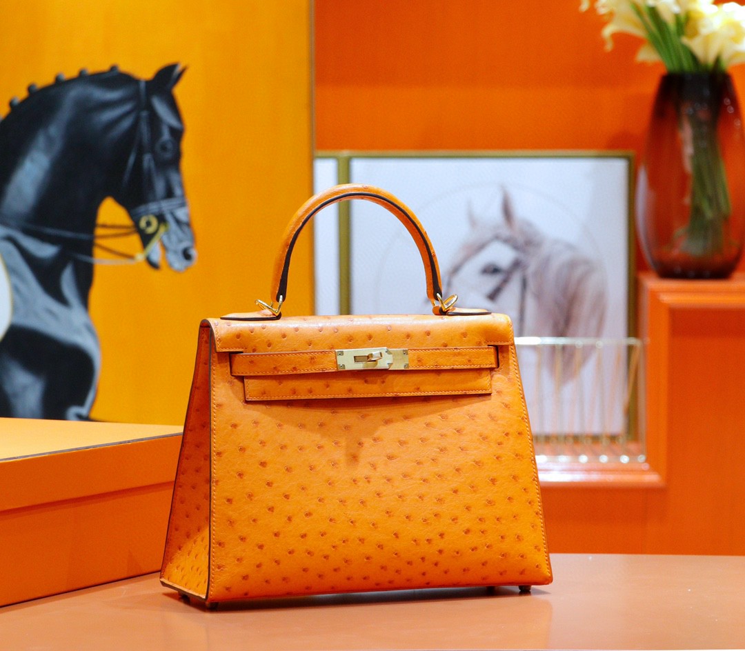 Hermès（爱马仕）Kelly 凯莉包 橙色 南非鸵鸟皮 全手缝 金扣 28cm