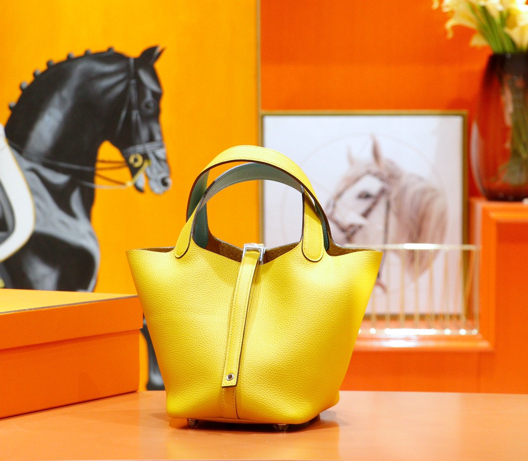 Hermès（爱马仕）Picotin 菜篮子 琥珀黄内拼北方蓝 Togo 拼 Swift小牛皮 银扣 18cm