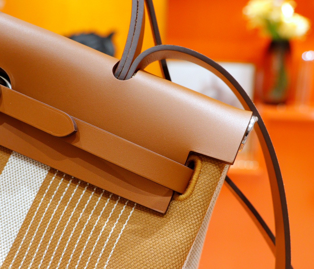 Hermès（爱马仕）Herbag 浅棕字母系列 原版帆布 拼 原厂皮 最高版本 银扣 31cm