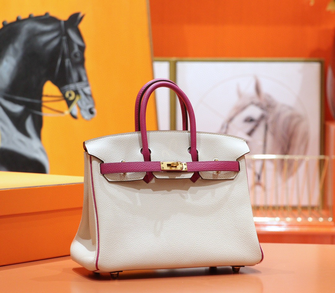Hermès（爱马仕）Birkin 铂金包 奶昔白拼玉兰粉 Togo 全手缝 小牛皮 金扣 25cm