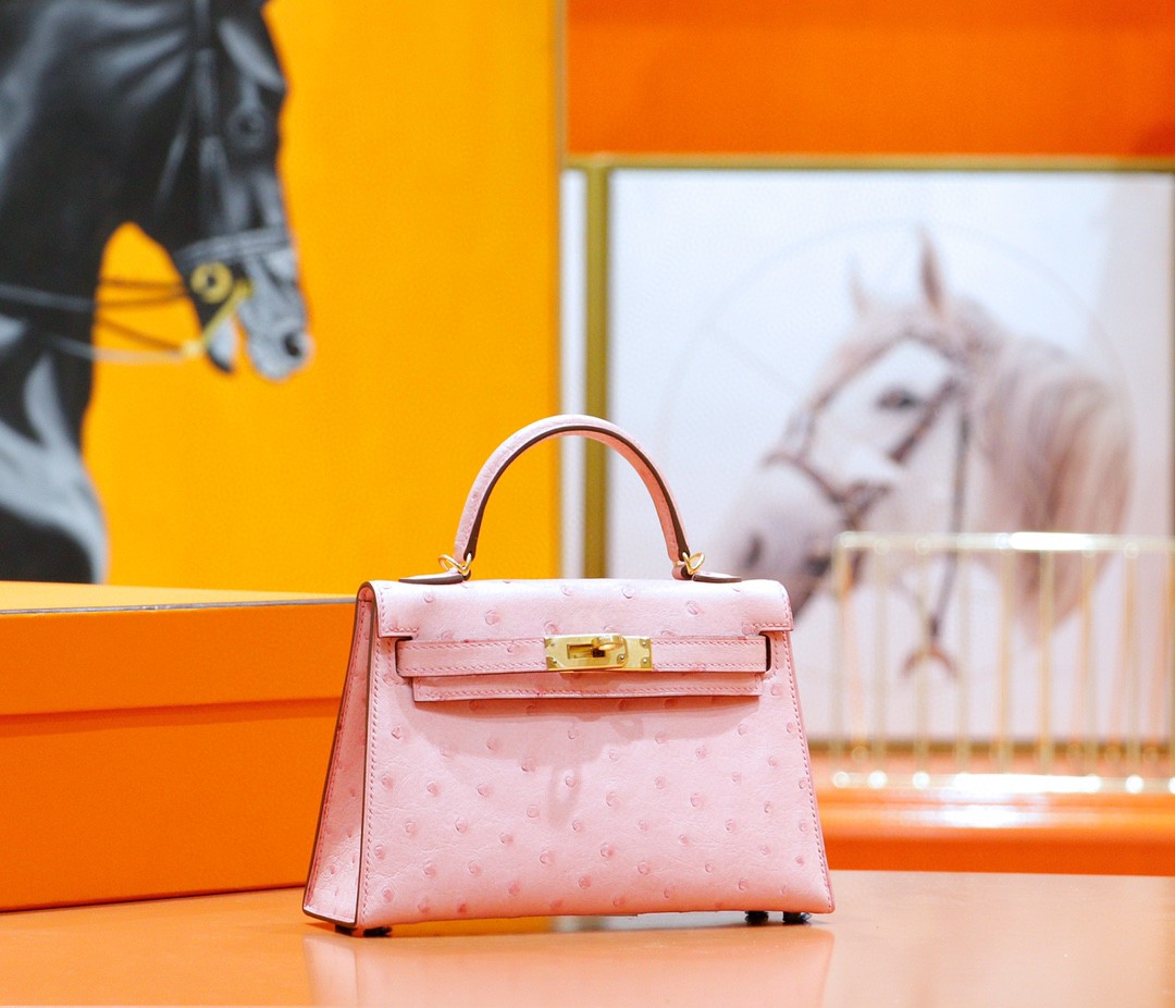 Hermès（爱马仕）Minikelly 2代 南非鸵鸟皮 陶瓷粉 全手缝 金扣