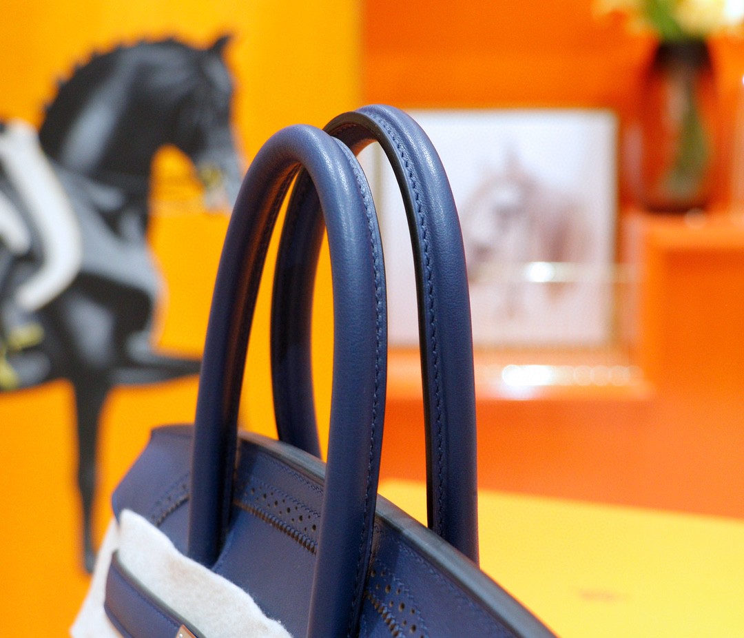 Hermès（爱马仕）Birkin 宝蓝色 Swift拼原版帆布 经典蕾丝款 银扣 35cm 全手缝