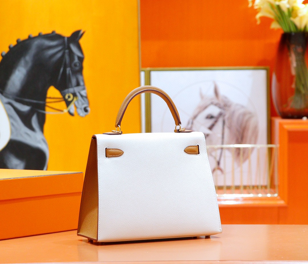 Hermès（爱马仕）Kelly 凯莉包 奶昔白拼金棕 Epsom 全手缝 金扣 25cm