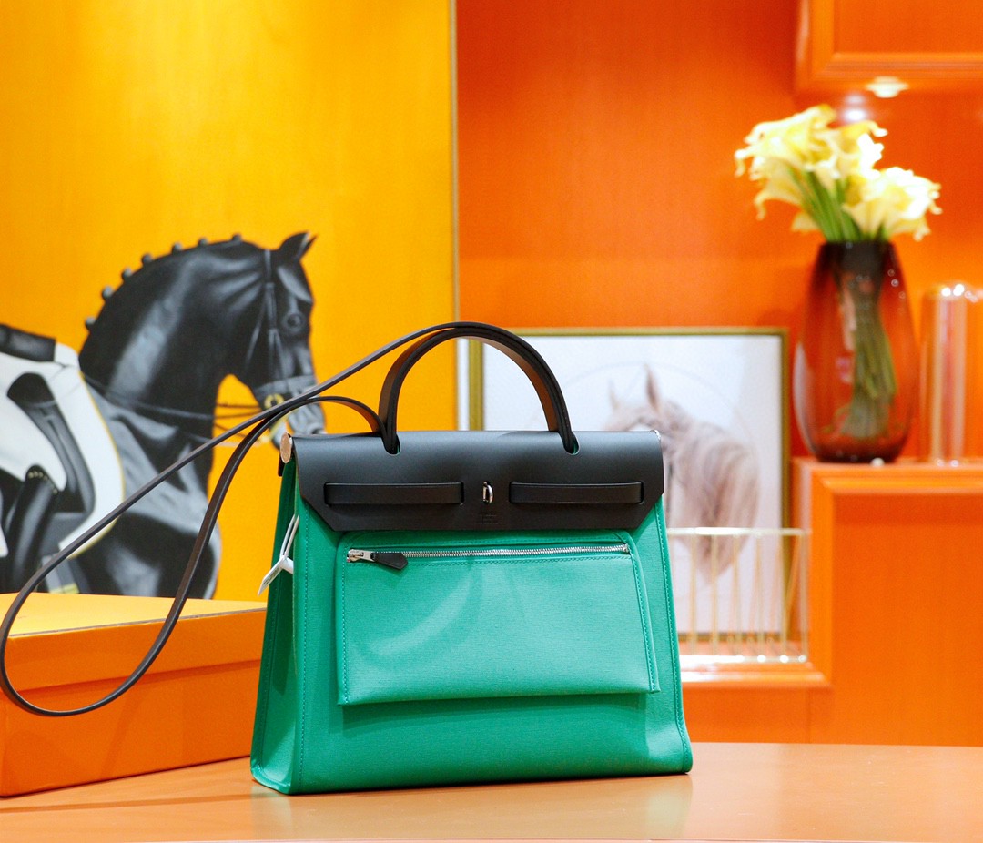 Hermès（爱马仕）Herbag 竹子绿 原版帆布拼原厂皮 最高版本 银扣 31cm