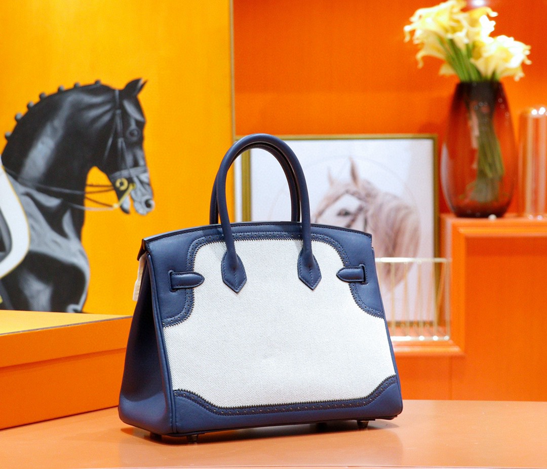 Hermès（爱马仕）Birkin 宝蓝色 Swift拼原版帆布 经典蕾丝款 银扣 35cm 全手缝