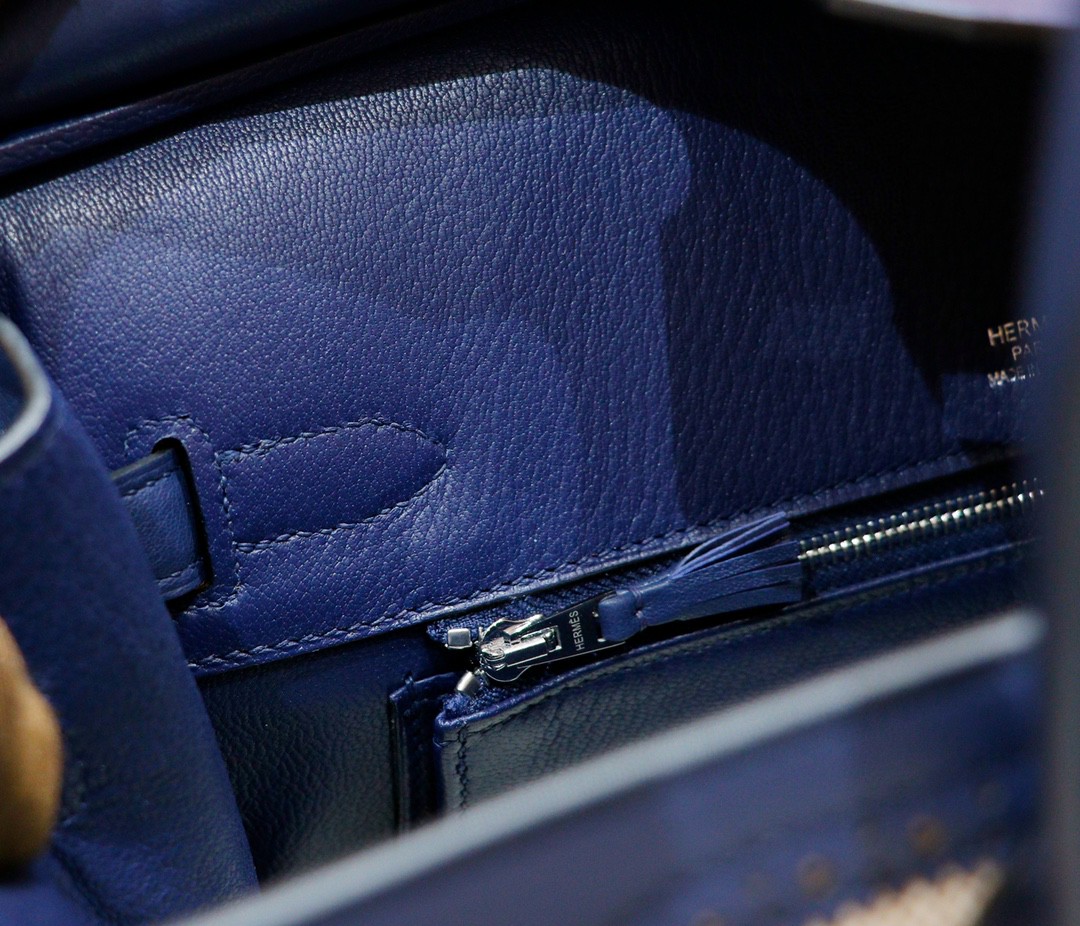 Hermès（爱马仕）Birkin 宝蓝色 Swift拼原版帆布 经典蕾丝款 银扣 35cm 全手缝
