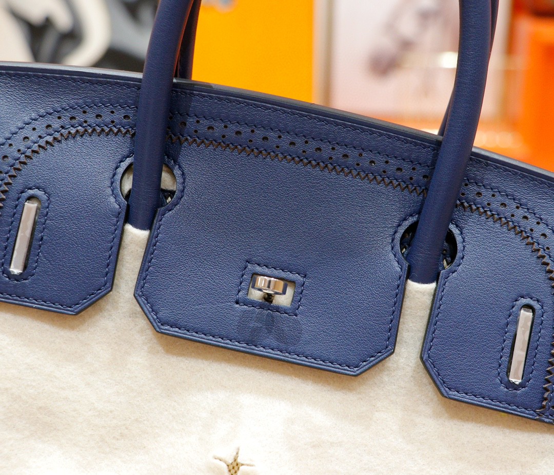 Hermès（爱马仕）Birkin 宝蓝色 Swift拼原版帆布 经典蕾丝款 银扣 35cm 全手缝