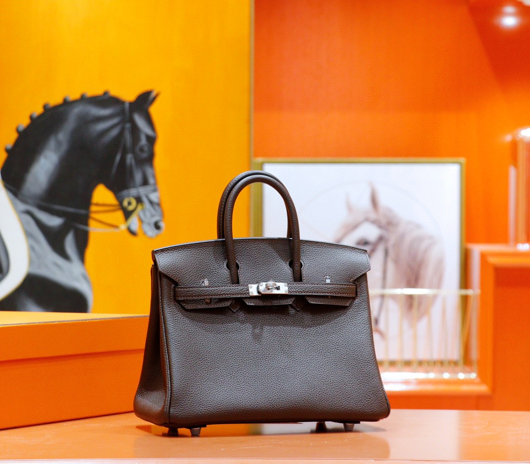 Hermès（爱马仕）Birkin 铂金包 乌木色内拼金棕 Togo 全手缝 银扣 25cm