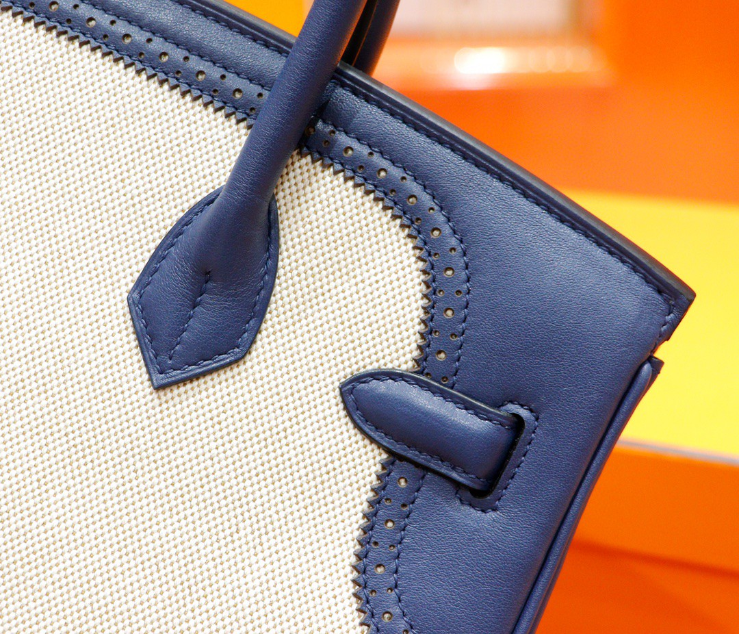 Hermès（爱马仕）Birkin 宝蓝色 Swift拼原版帆布 经典蕾丝款 银扣 35cm 全手缝