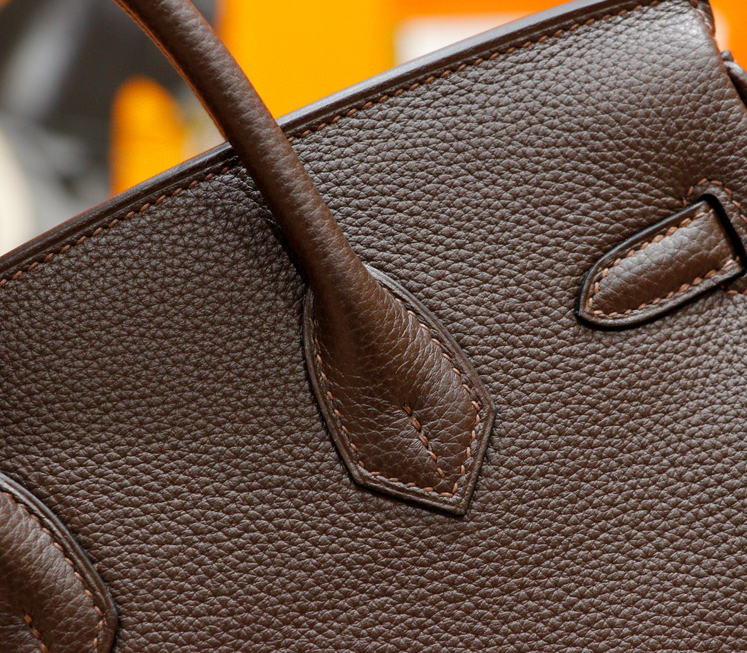 Hermès（爱马仕）Birkin 铂金包 乌木色内拼金棕 Togo 全手缝 银扣 25cm