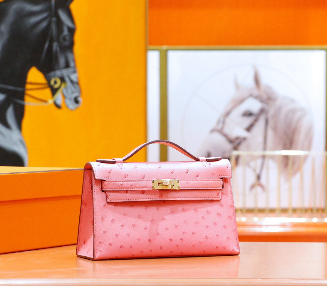 Hermès（爱马仕）Minikelly 迷你凯莉 陶瓷粉 南非鸵鸟皮 金扣 晚宴包