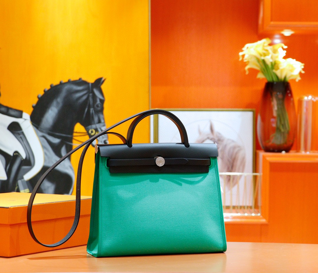 Hermès（爱马仕）Herbag 竹子绿 原版帆布拼原厂皮 最高版本 银扣 31cm
