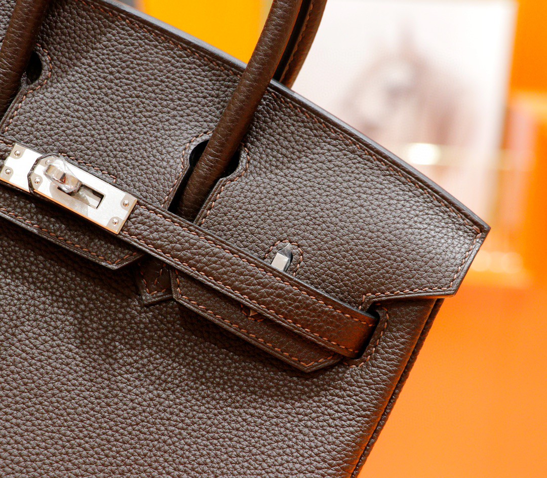Hermès（爱马仕）Birkin 铂金包 乌木色内拼金棕 Togo 全手缝 银扣 25cm