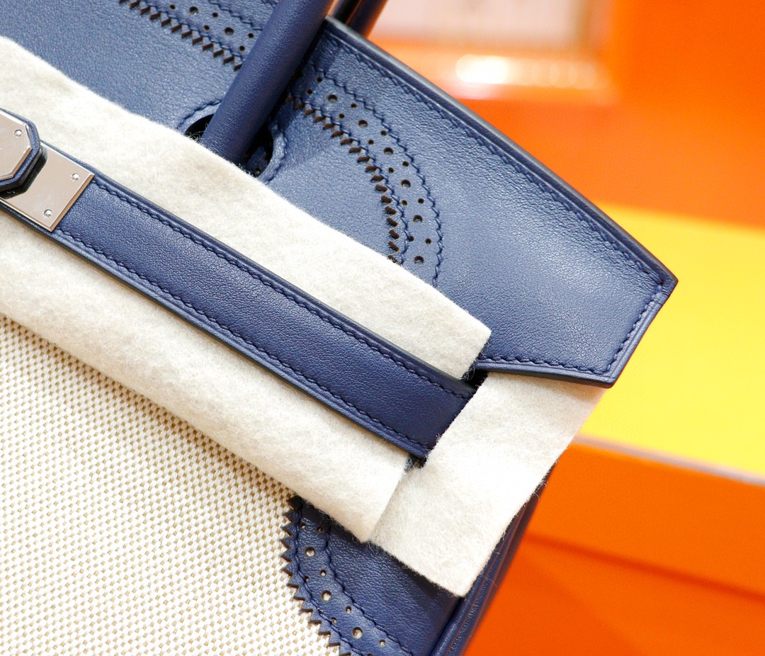 Hermès（爱马仕）Birkin 宝蓝色 Swift拼原版帆布 经典蕾丝款 银扣 35cm 全手缝