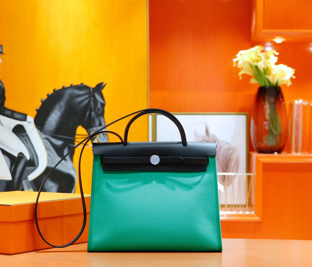 Hermès（爱马仕）Herbag 竹子绿 原版帆布拼原厂皮 最高版本 银扣 31cm