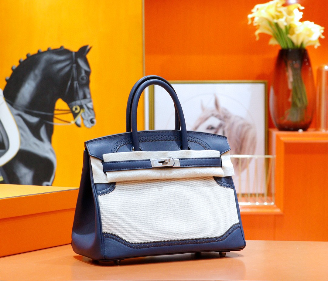 Hermès（爱马仕）Birkin 宝蓝色 Swift拼原版帆布 经典蕾丝款 银扣 35cm 全手缝