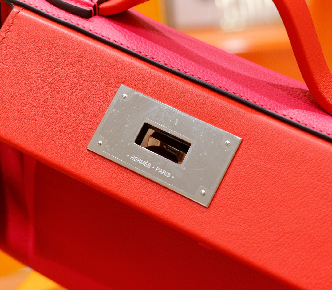 Hermès（爱马仕）Kelly 2424 玫瑰粉 拼 心红色 Evercolor 拼 Swift 银扣 21cm 全手缝
