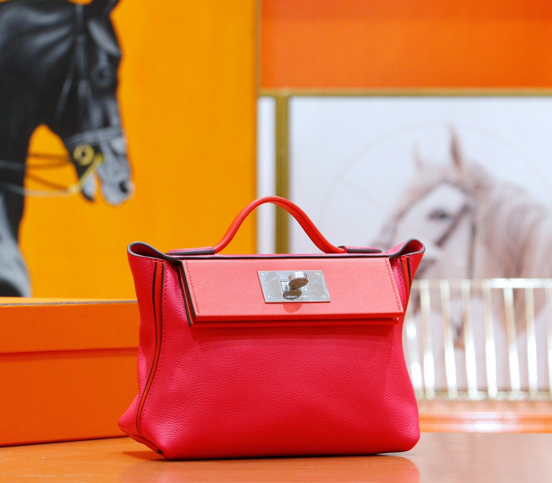 Hermès（爱马仕）Kelly 2424 玫瑰粉 拼 心红色 Evercolor 拼 Swift 银扣 21cm 全手缝