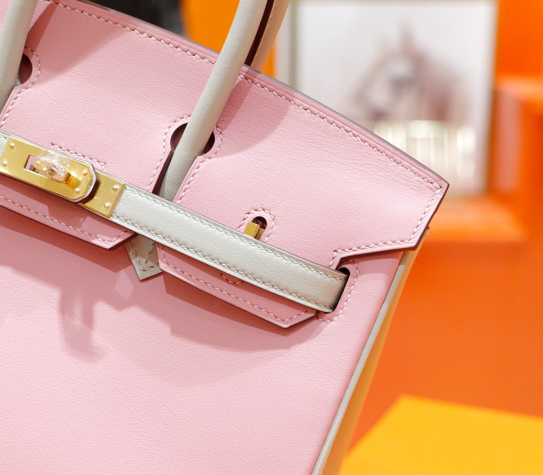 Hermès（爱马仕）Birkin 铂金包 奶昔粉拼珍珠灰 Swift 全手缝 金扣 25cm