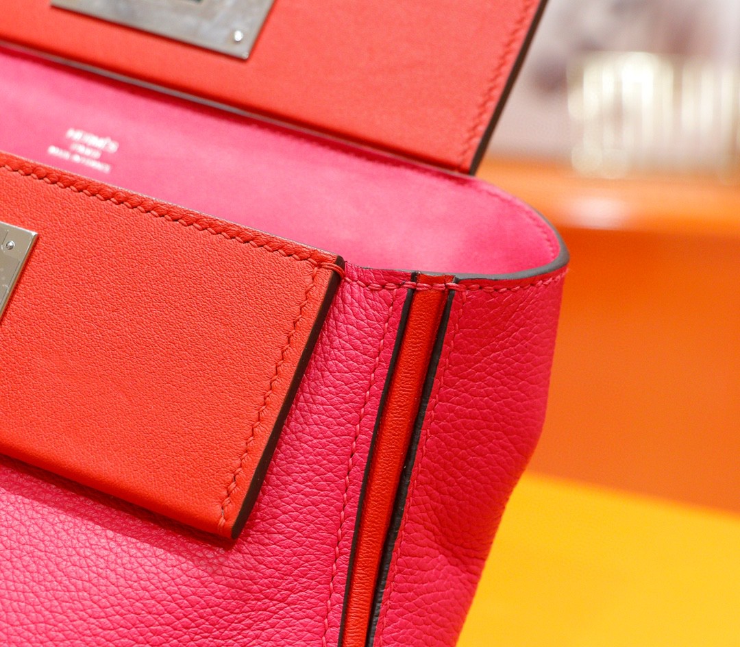 Hermès（爱马仕）Kelly 2424 玫瑰粉 拼 心红色 Evercolor 拼 Swift 银扣 21cm 全手缝