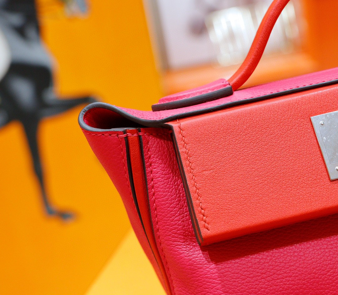 Hermès（爱马仕）Kelly 2424 玫瑰粉 拼 心红色 Evercolor 拼 Swift 银扣 21cm 全手缝