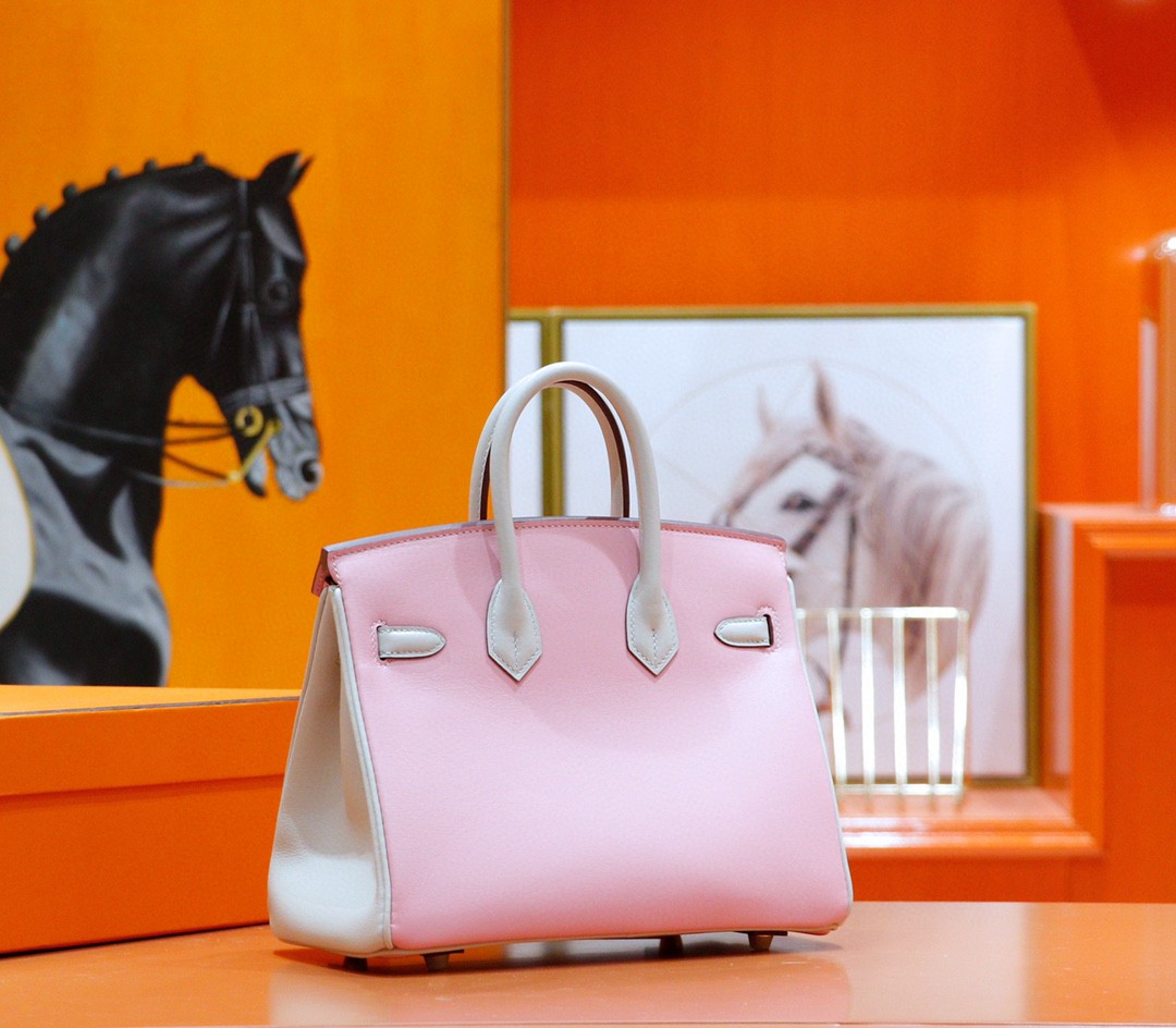 Hermès（爱马仕）Birkin 铂金包 奶昔粉拼珍珠灰 Swift 全手缝 金扣 25cm