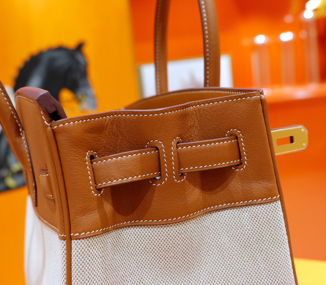 Hermès（爱马仕）Birkin 铂金包 金棕拼原版帆布 金扣 30cm 全手缝