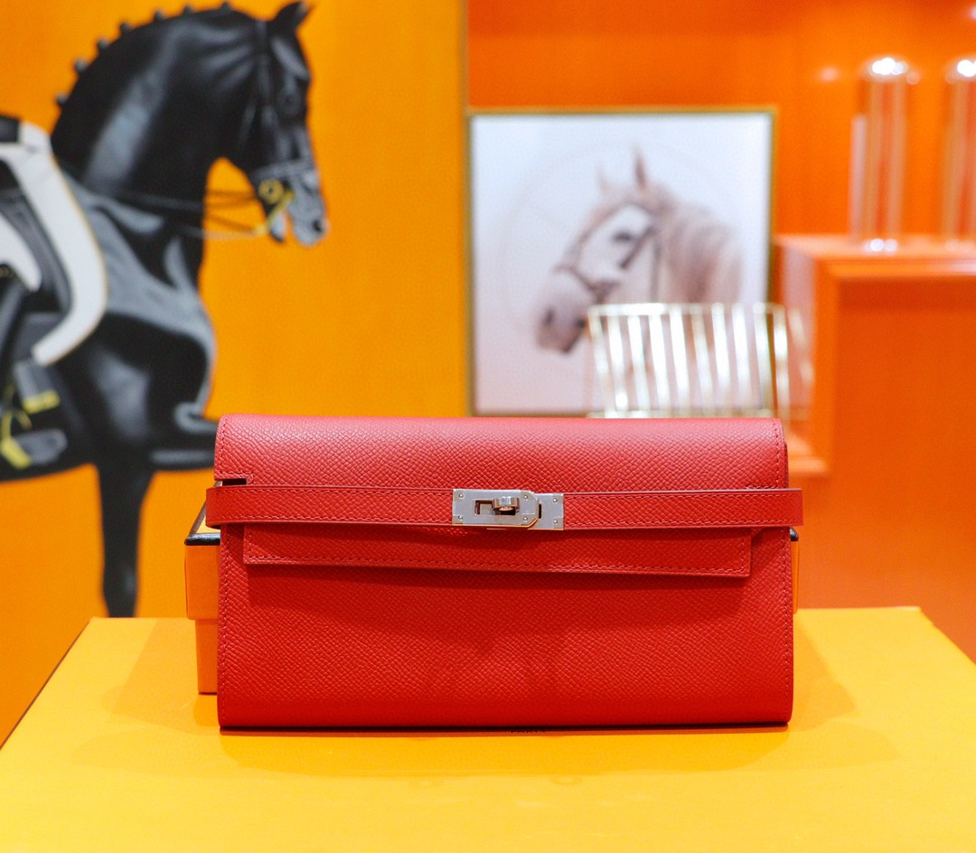 Hermès（爱马仕）Kelly 长款钱夹 国旗红 Epsom 全手缝 银扣