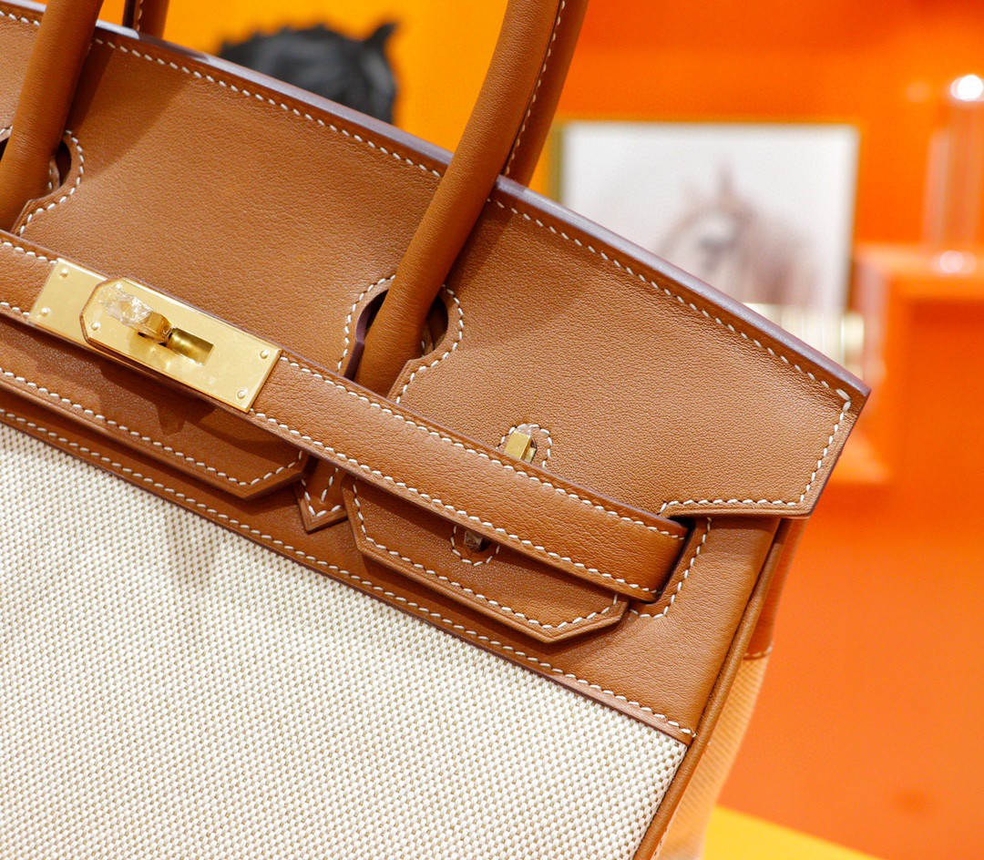 Hermès（爱马仕）Birkin 铂金包 金棕拼原版帆布 金扣 30cm 全手缝