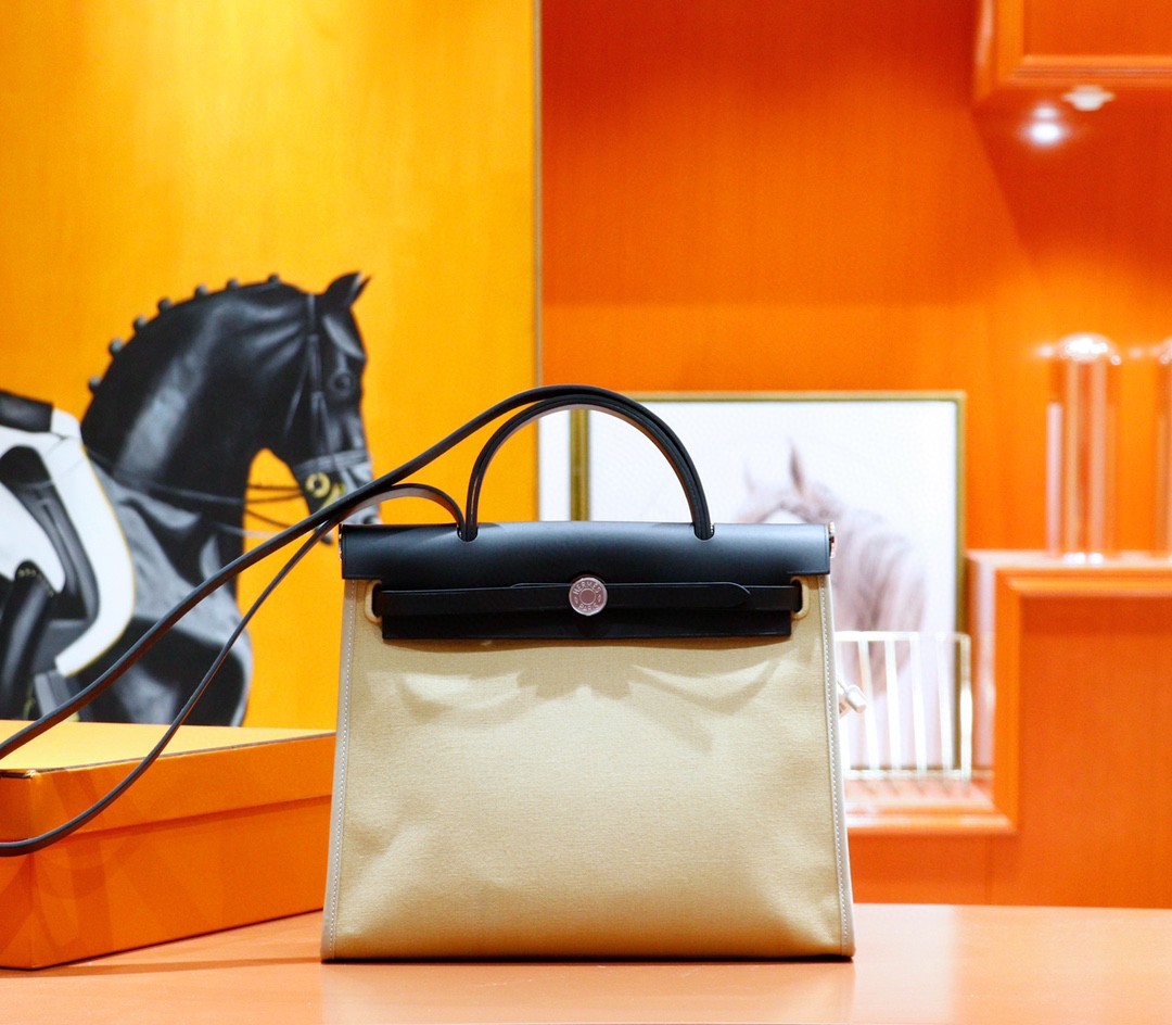 Hermès（爱马仕）Herbag 大象灰 原版帆布拼原厂皮 最高版本 银扣 31cm
