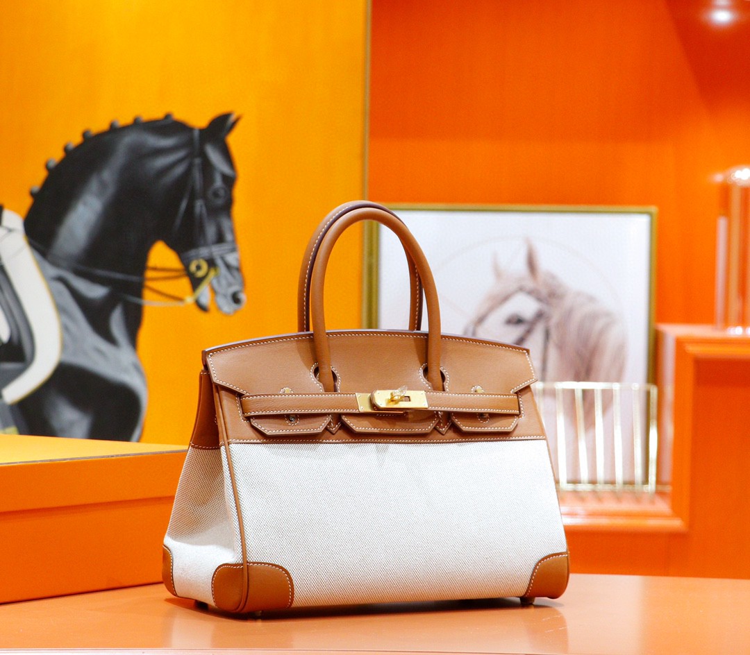 Hermès（爱马仕）Birkin 铂金包 金棕拼原版帆布 金扣 30cm 全手缝