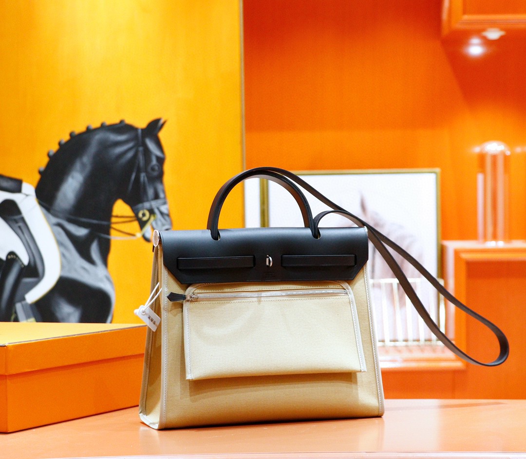 Hermès（爱马仕）Herbag 大象灰 原版帆布拼原厂皮 最高版本 银扣 31cm