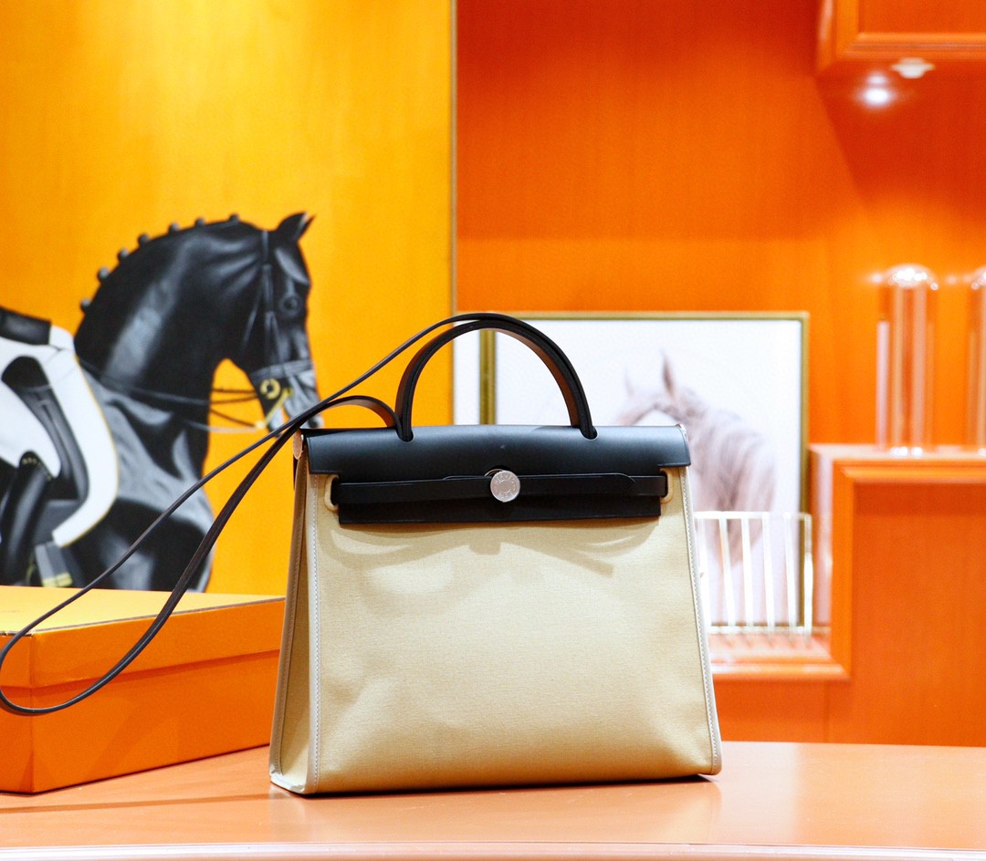 Hermès（爱马仕）Herbag 大象灰 原版帆布拼原厂皮 最高版本 银扣 31cm