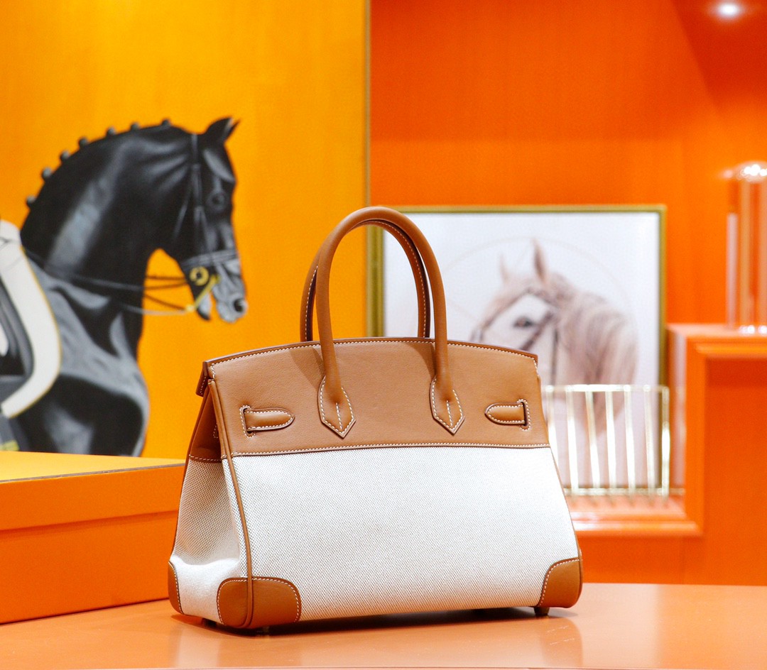 Hermès（爱马仕）Birkin 铂金包 金棕拼原版帆布 金扣 30cm 全手缝