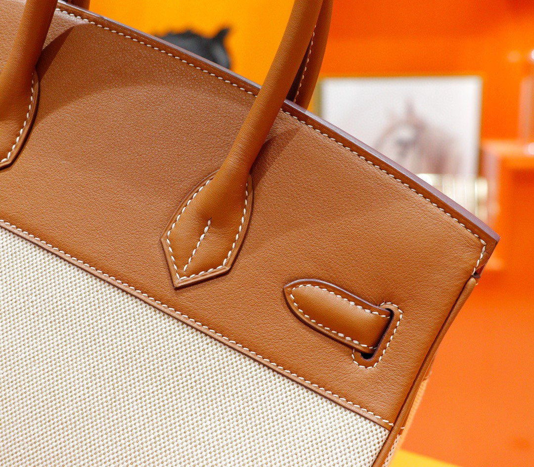 Hermès（爱马仕）Birkin 铂金包 金棕拼原版帆布 金扣 30cm 全手缝
