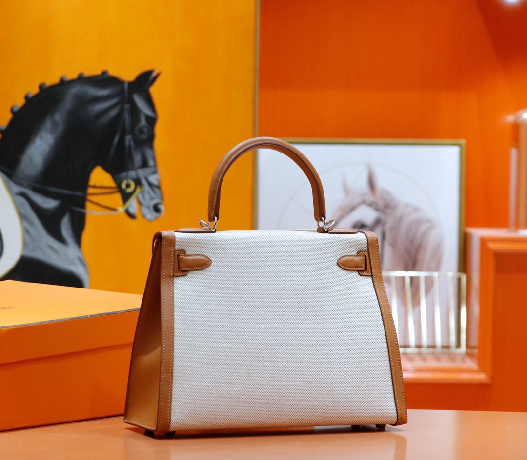 Hermès（爱马仕）Kelly 凯莉包 金棕 Swift 拼 原版帆布 全手缝 银扣 28cm