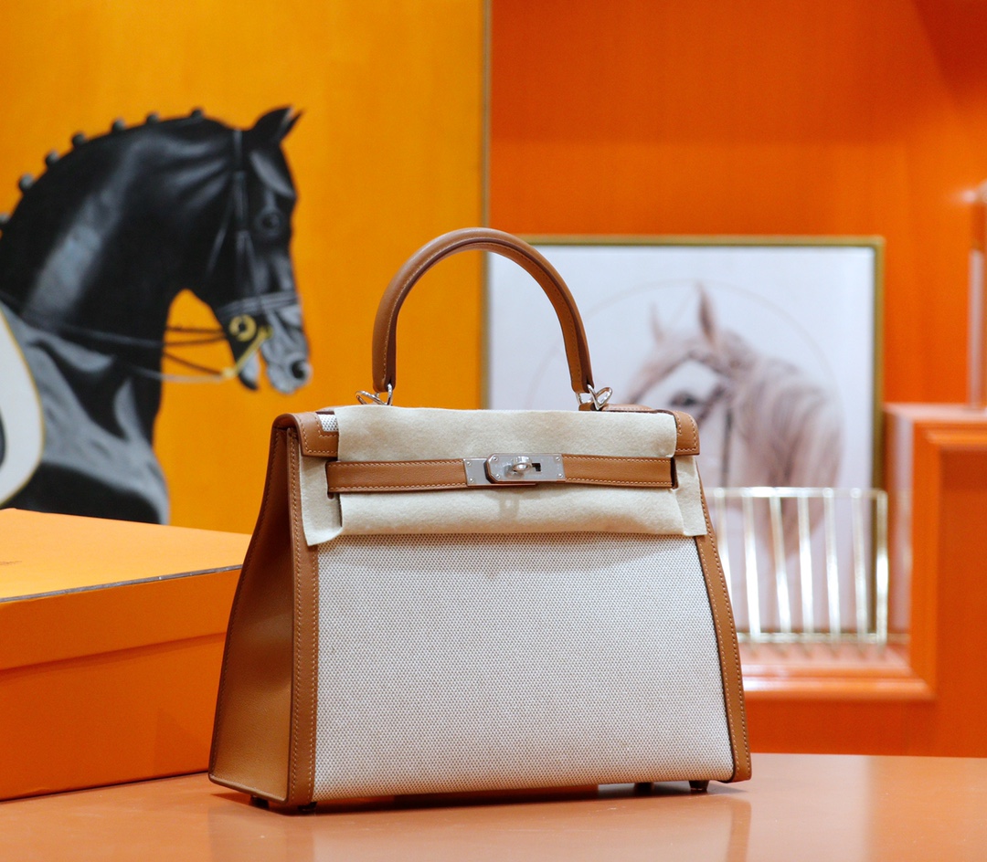Hermès（爱马仕）Kelly 凯莉包 金棕 Swift 拼 原版帆布 全手缝 银扣 28cm