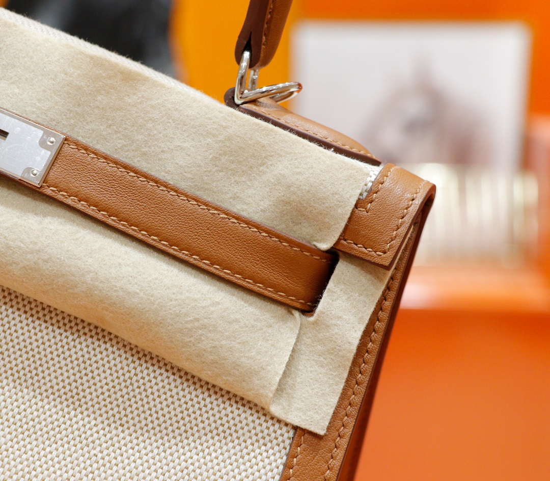 Hermès（爱马仕）Kelly 凯莉包 金棕 Swift 拼 原版帆布 全手缝 银扣 28cm